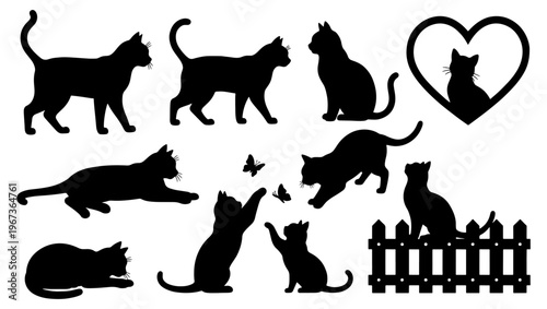 Black cat silhouettes collection, set of 10 feline vector elements in various poses, domestic cat icons with heart and fence details