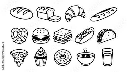 Minimalist bakery and fast food icon set, 14 black and white line art food elements, hand drawn bread and snack vector illustrations for restaurant menus