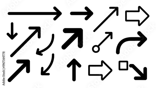 Minimalist black arrow icon set, 14 directional vector elements for navigation, simple line and bold pointer symbols for web design and infographics