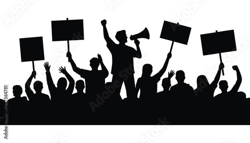 A protester silhouette illustration with a crowd holding signs and a megaphone