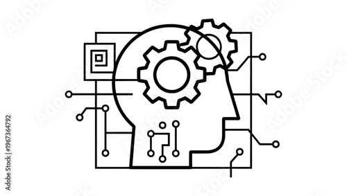 Artificial intelligence line icon with human head and gears, digital brain and circuit board vector, machine learning and cognitive process concept