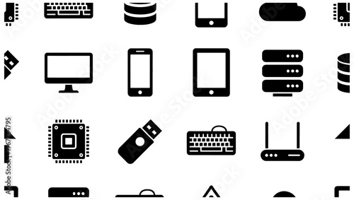 Minimalist computer hardware icons, black solid technology symbols, digital device and network equipment vector set for web design