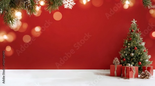 Holiday Decorations at a Red Background With a Christmas Tree and Gifts