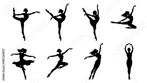 Graceful ballet dancer silhouettes set, 8 elegant ballerina vector elements, black female dance figures in motion, artistic performance poses