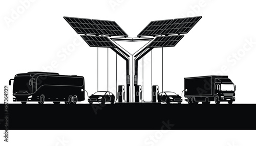 Solar powered electric vehicle charging station with various vehicles silhouette