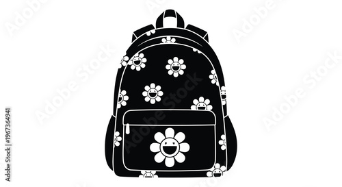 A black backpack adorned with cheerful floral designs is prominently displayed against a white background silhouette high quality professional detailed modern
