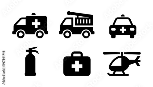Emergency services icon set, black minimalist rescue vehicle silhouettes, 6 vector elements for medical and fire safety logistics