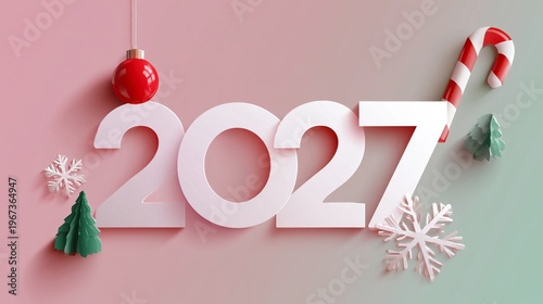 New Year 2027 Decorations Displayed With Snowflakes and Candy Cane on a Light...