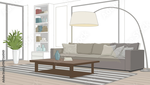 A modern living room interior with a gray couch and lamp