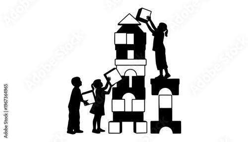 Children building a castle with blocks in a fun silhouette illustration