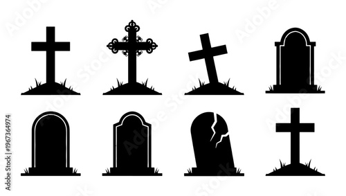Spooky Halloween gravestone silhouettes, set of 8 cemetery tombstone icons and burial crosses, black graveyard headstone vector elements