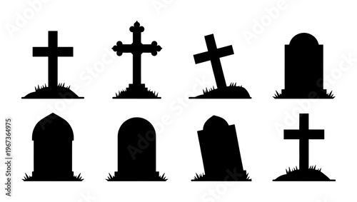 Spooky graveyard tombstone silhouettes, set of 8 gravestone icons with crosses and headstones, black cemetery burial markers for Halloween design