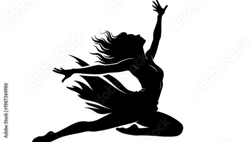 Graceful ballerina silhouette in expressive dance pose, dynamic female dancer vector illustration, black and white performing arts graphic