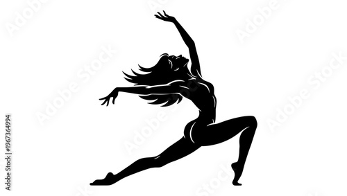 Graceful female dancer silhouette, elegant black vector of a woman performing modern dance, artistic ballet pose with flowing hair