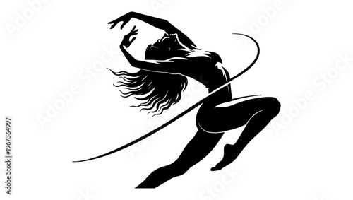 Graceful female dancer silhouette vector, expressive contemporary dance pose, black and white artistic movement illustration for fitness and art