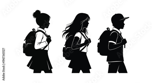 Three students with backpacks walking in profile showcasing a striking black silhouette high quality professional detailed modern elegant stylish clean crisp