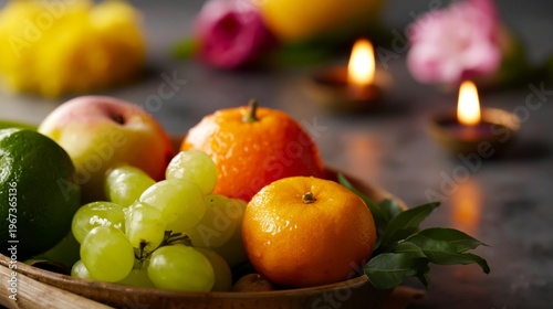 Fruit Bowl With Various Fruits and Candles on a Table Surrounded by Greenery