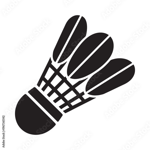 A black and white graphic depiction of a badminton shuttlecock detailed and isolated