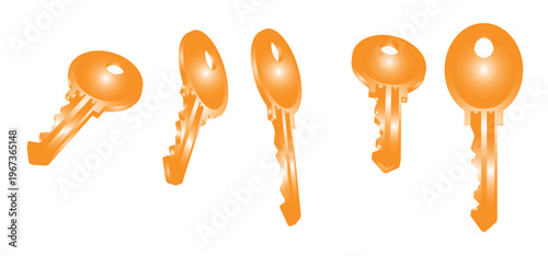 Shiny, golden key isolated on black background, 3D rendering. Create a kinds of deferent golden vintage key with a circular handle and detailed notches, rendered in a 3D cartoon realistic style Ideal.