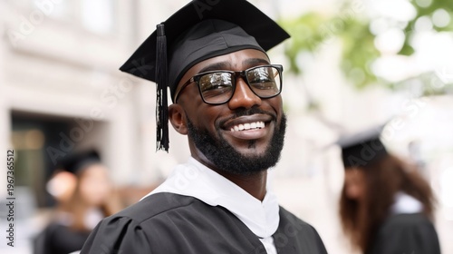 Young Man Smiles While Wearing Graduation Cap and Gown Outdoors With Classmat...