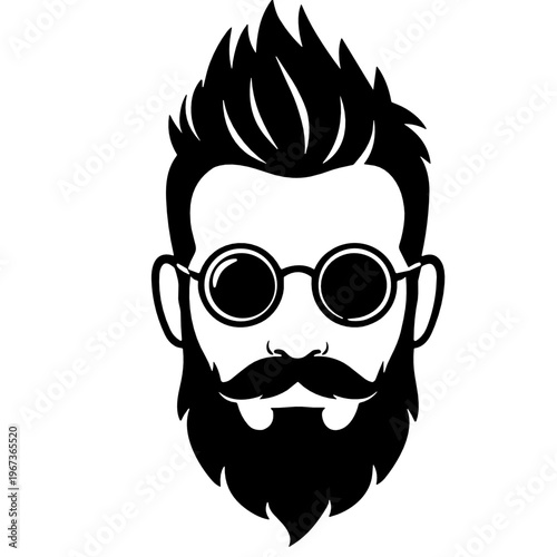 Black vector head of a stylish bearded man with round glasses and high quiff hairstyle. Fashion-forward male avatar represents creativity, individuality, grooming and modern hipster culture.
