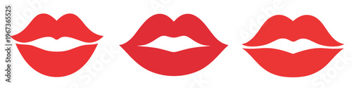 Three sleek red lip icons aligned in a row with subtle shape variations. Minimal vector set is perfect for beauty branding, makeup packaging, feminine fashion graphics and kiss symbols.