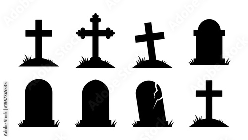 Spooky graveyard headstone silhouettes, set of 8 tombstone icons with crosses and cracked stone, black cemetery grave markers for Halloween design
