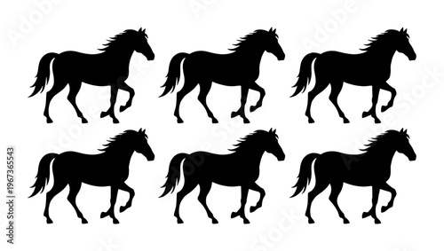 Black horse silhouette collection, set of 6 galloping stallion icons, wild mustang animal vector illustrations on white background