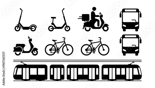 Urban transportation icons set, black silhouettes of city vehicles and public transit, electric scooter and bicycle symbols for mobile apps