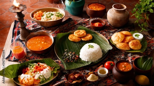 Spread of Traditional Dishes on a Table During a Festive Meal in a Warm Setting