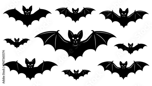 Halloween bat silhouettes, 9 black flying bat icons, spooky vector set
