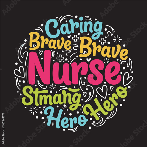 Nurse appreciation word cloud design with adjectives like brave and caring vector illustration.