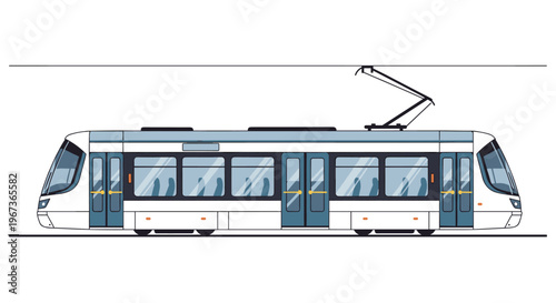 Modern electric tram vehicle with multiple doors and large windows for public city transportation on a white background.