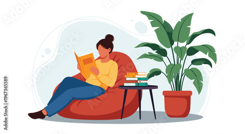 Woman sitting in a red bean bag chair reading a book next to a large potted plant and a small table with books.