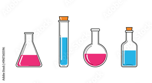 Set of laboratory glassware including beakers and test tubes filled with colorful liquids for scientific chemistry research.