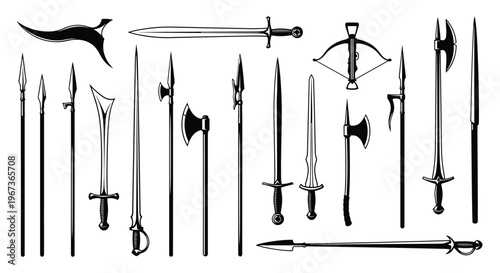 Silhouette collection of various medieval weapons including swords, axes, spears, and a crossbow for historical concept.
