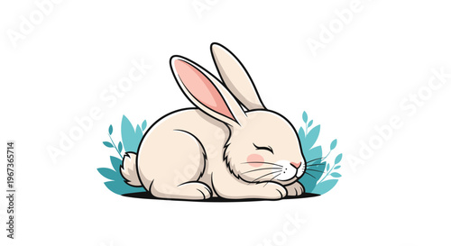 Cute white rabbit sleeping peacefully in the grass for animal and nature concept illustration.