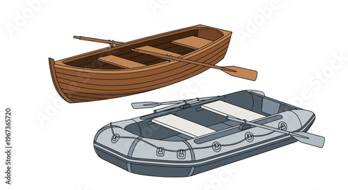 Wooden rowing boat and an inflatable gray rubber dinghy with oars for water transportation and recreation concept.