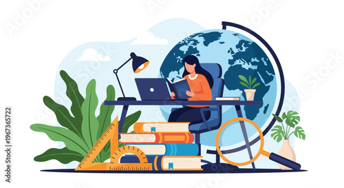 Young woman studying at a desk with a laptop and books in front of a large globe for global education concept.