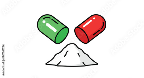 Two open drug capsules, one green and one red, with white powder spilling out to form a pile for medical concept.