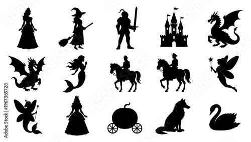 Fairytale silhouette icons, 15 fantasy character vectors, magic story set