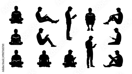 People reading books silhouettes, 13 student figures, library vector set