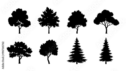 Black tree silhouettes collection, set of 8 deciduous and coniferous tree icons, minimalist forest plant vector elements for landscape design