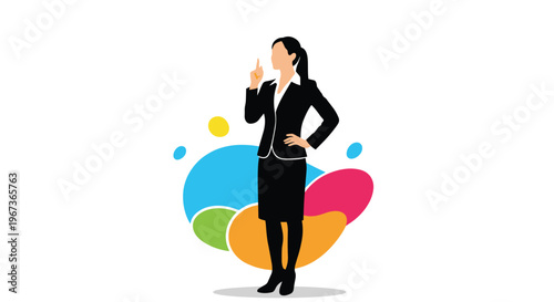Silhouette of a businesswoman in a suit thinking against a colorful abstract background for professional success concept.