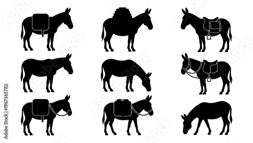 Donkey silhouette vector set, pack animal icons with saddle and luggage, domestic burro and mule silhouettes for farm and travel design