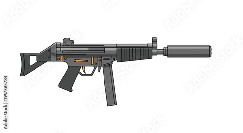 Side view illustration of a modern submachine gun with a silencer for military and tactical equipment concept.
