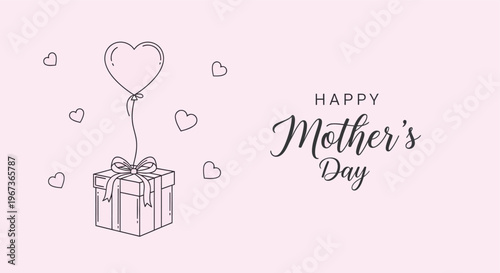 Minimalist Happy Mother's Day vector banner, elegant line art gift box with heart balloon, soft pink greeting card background with hearts