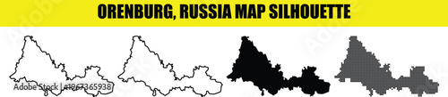 Orenburg russia map silhouette white black outline dotted isolated on checkered background vector.