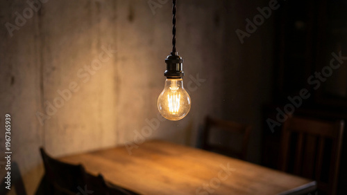 Vintage light bulb hanging above wooden table in rustic setting  