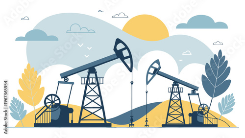 Geometric oil pumps on a stylized landscape with clouds and sun industrial scenery